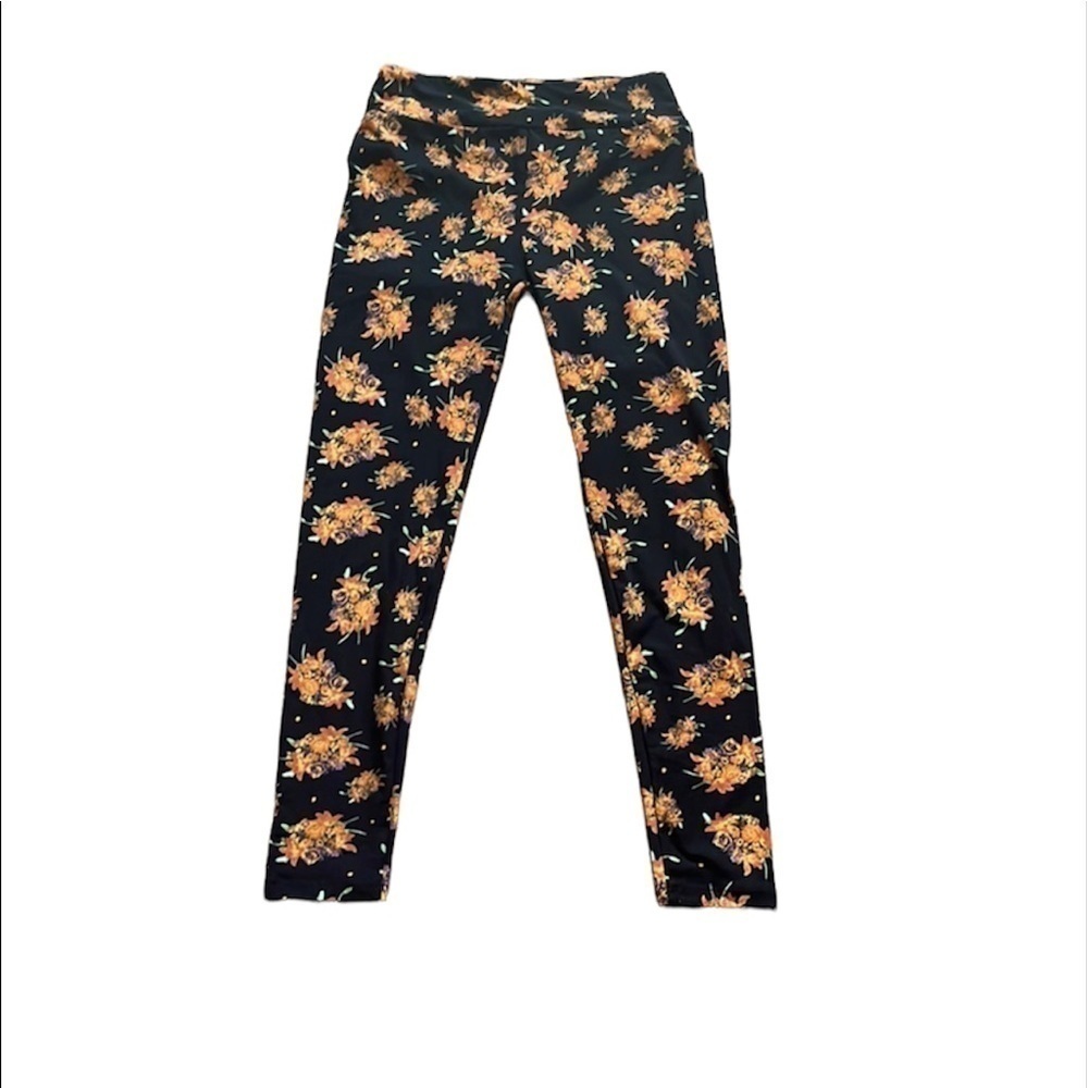 LulaRoe women’s black and orange floral print leggings One Size